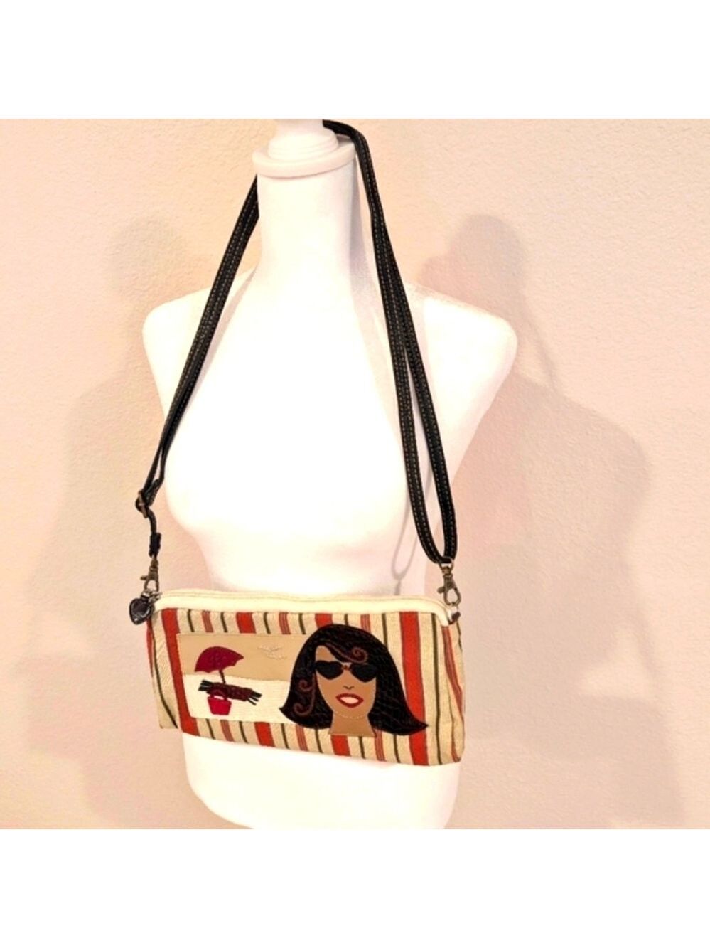 Brighton Stripe Beach design Small Purse , Canvas and Leather 12" by 6" GUC